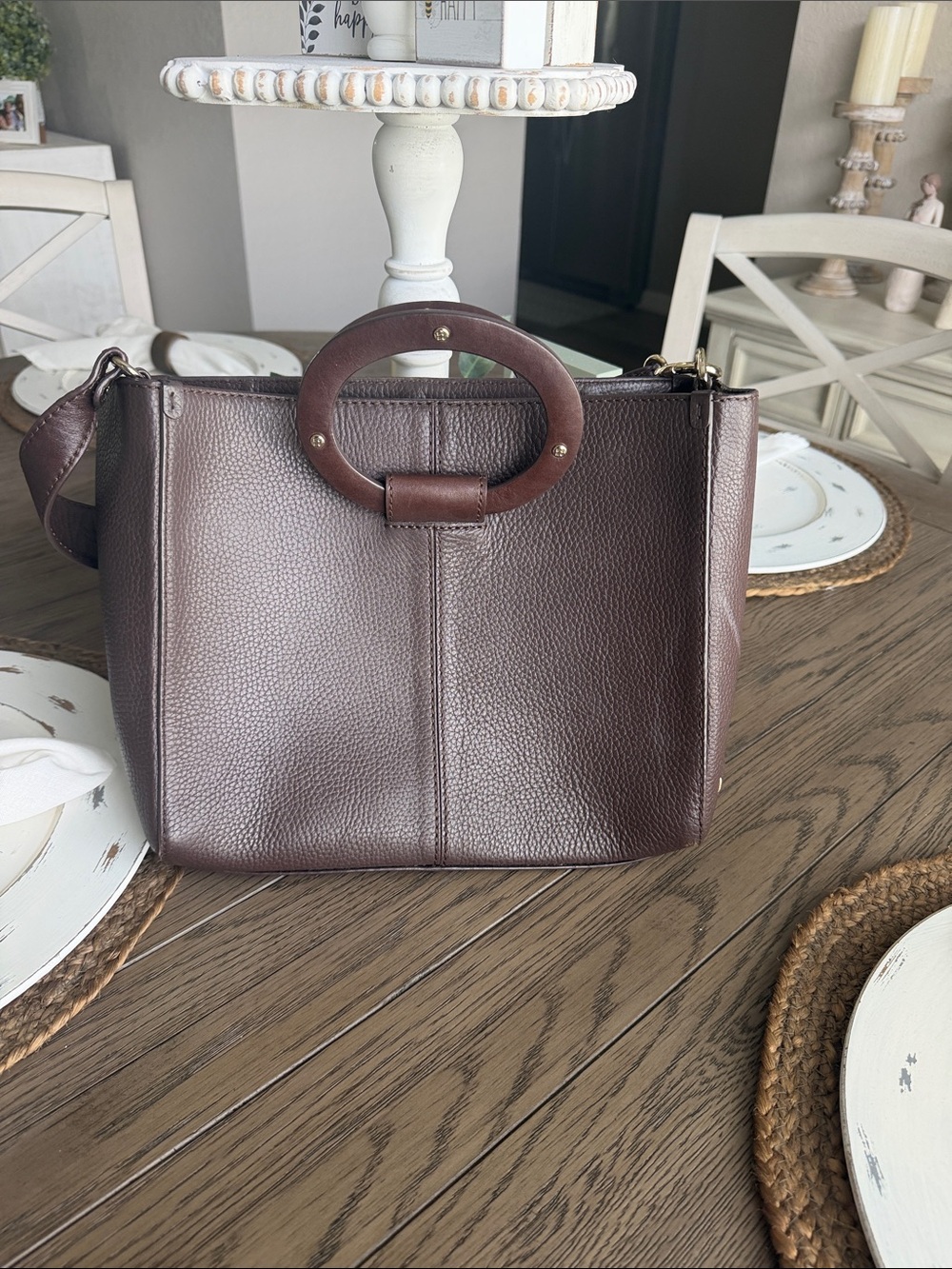 Kate  Spade Women’s Brown Leather Tote Bag with Wooden Handle in exc. condition.